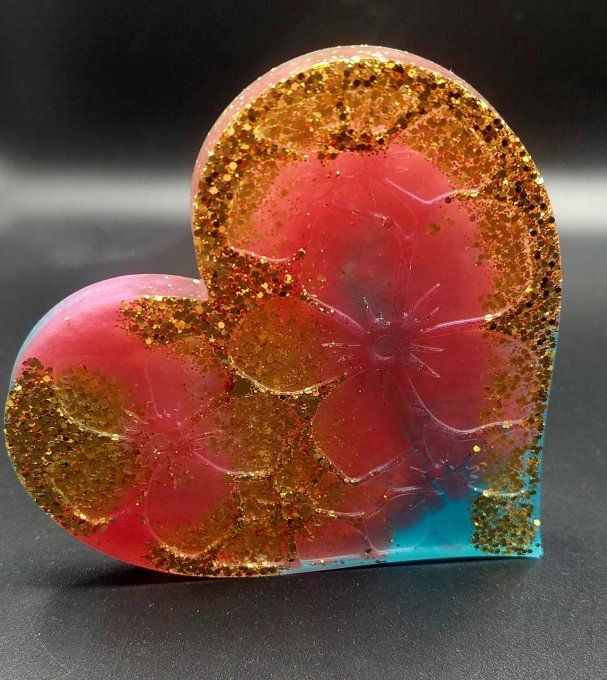 SAINT VALENTIN - cœur rose bleu et paillettes dorées à poser sur le côté et en dessous de verre