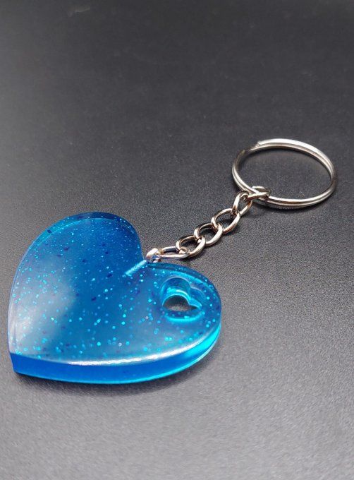 Porte clef Coeur transparent Bleu à paillettes